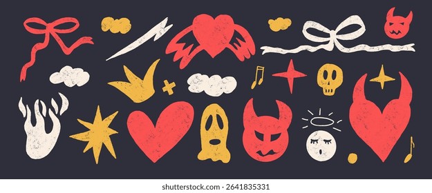 Girly chalk doodles set. Devil and angels wax crayon drawn background. Scribble love grunge elements. Hearts, bows, clouds and sketch shapes. Vector naive illustration by charcoal on black background.