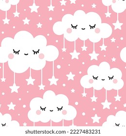 Girly clouds with eyes and lashes pink sky with stars, cute background seamless pattern for baby room decor, lamp shade and fabric, textile. Vector abstract repeat with sleepy clouds.