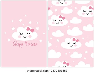 Girly clouds with eyes and lashes pink sky with stars, cute background seamless pattern for baby room decor, lamp shade and fabric, textile. Vector abstract repeat with sleepy clouds.