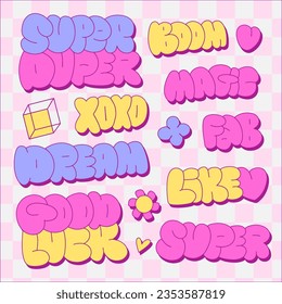 Girly colorful funny quote sticker set. Collection of trendy 90s retro text bubble cartoon shapes. Fun comic word art and bold typography sign bundle. Includes motivation lettering vector design