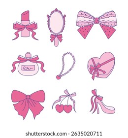Girly Coquette Aesthetic Icons Makeup Bows Accessories Vector Set