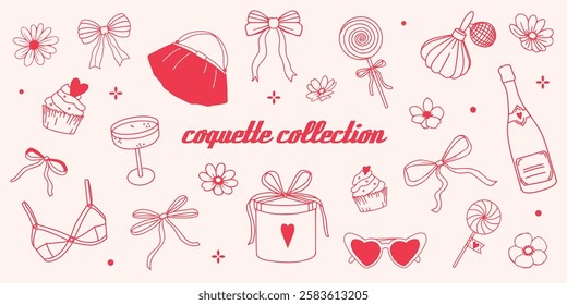 Girly coquette hand drawn collection: sweets, bows, fashion accessories, drinks. Linear minimalist vector illustrations. Retro style party elements. Elegant vintage clipart in red and pink Dolce vita