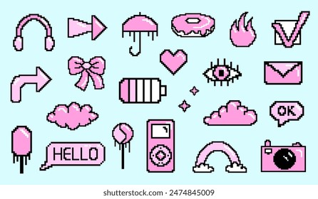 Girly cute pink element set, pixel art 8 bit. Game icons. Vector illustration.