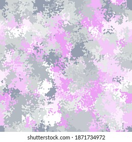 Girly digital snow polar arctic pixel camo texture for army or hunting textile print. Vector digital military camouflage seamless pattern. Snow white and gray color palette with pink spots