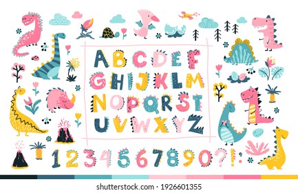 Girly Dino collection with alphabet and numbers. Funny comic font in simple hand drawn cartoon style. A variety of childish girls dinosaurs characters. Colorful isolated doodle in pink palette.