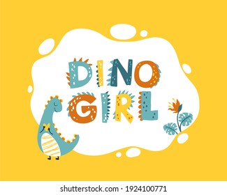 Girly Dino photo frame, templates for text or invitations. Vector illustration of funny cartoon character in a colorful palette. Doodle in a hand-drawn Scandinavian style