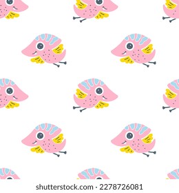 Girly dinosaur flying seamless pattern. Hand drawn cartoon dino characters with big eyes in simple scandinavian linocut style. Vector illustration. Trendy colorful pink palette on a white background