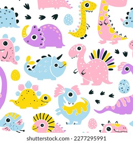 Girly dinosaur seamless pattern. Hand drawn cartoon dino characters with big eyes in simple scandinavian linocut style. Vector illustration. Trendy colorful pink palette on a white background