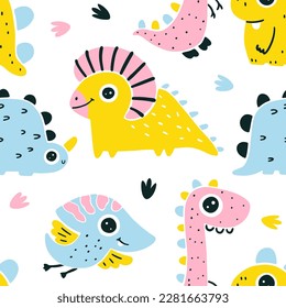 El patrón de los dinosaurios giratorios no tiene fisuras. Personajes de dibujos animados hechos a mano con grandes ojos en un simple estilo escandinavo de linocut. Ilustración vectorial. Paleta rosa de moda y colorido sobre un fondo blanco