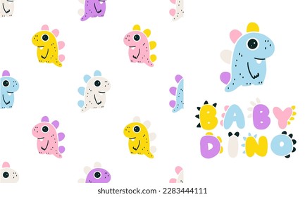 Girly dinosaur seamless pattern. Hand drawn cartoon dino characters with big eyes in simple scandinavian linocut style. Vector illustration. Trendy colorful pink palette on a white background