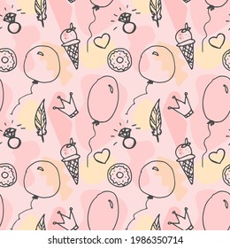 Girly doodle pattern with diamonds, hearts, rings, cakes, sweets, clouds. Seamless texture for wallpaper, textiles, scrapbooking. Hand drawn vector illustration.