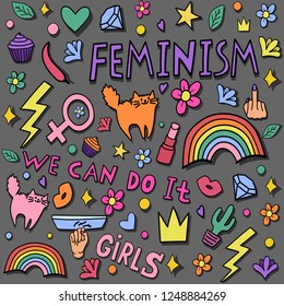 Girly doodles and hand drawn seamless pattern for feminism concept design in internet. Fancy comic feminism elements in cartoon style. Color vector illustration 