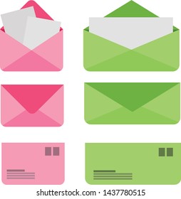 Girly envelope set in two pastel colour, pink and green pastel color mail, back and opened mail with letter.