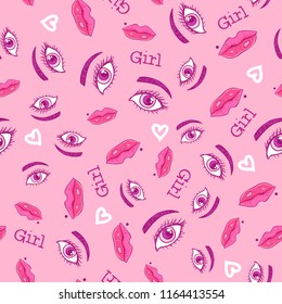 Girly eyes and lips seamless pattern. Vector illustration isolated on modern pink background.