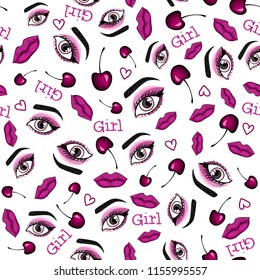 Girly eyes makeup with cherry seamless pattern. Vector illustration isolated on white background. Fashion beauty design