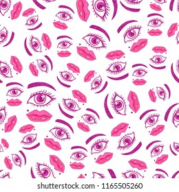 Girly eyes and pink lips seamless pattern. Vector illustration isolated on white background.