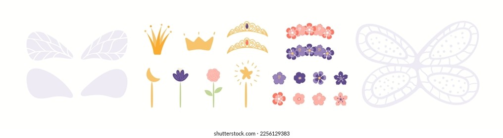 Girly fairy accessories, wings, magic wands, crowns, flowers clipart collection, isolated on white. Hand drawn vector illustration. Scandinavian style flat design. Cartoon elements set for kids print