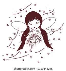 girly fairy flying with wings and pigtails hairstyle and stars in brown dotted silhouette