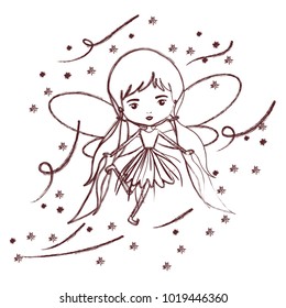 girly fairy flying with wings and pigtails hairstyle and stars in brown blurred silhouette