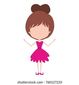girly fairy without face and wings and brown collected hair in magenta dress on white background