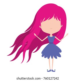girly fairy without face and wings and magenta long hair in purple dress on white background