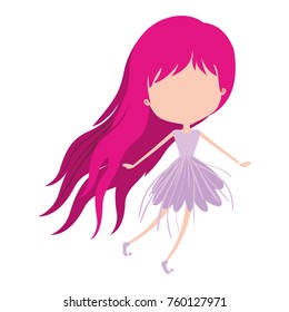 girly fairy without face and wings and magenta long hair in violet dress on white background