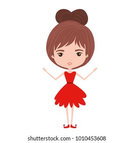 girly fairy without wings and brown collected hair in red dress on white background