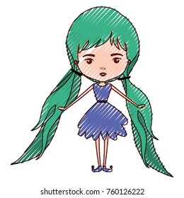 girly fairy without wings and green long hair with pigtails in purple dress in colored crayon silhouette