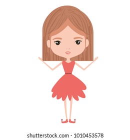 girly fairy without wings and light brown mushroom hairstyle in salmon color dress on white background