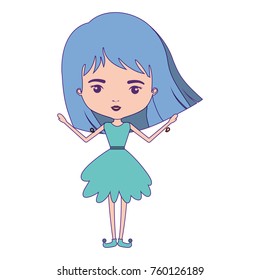 girly fairy without wings and light blue short hair in aquamarine dress with purple contour