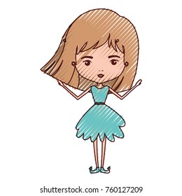 girly fairy without wings and light brown short hair in blue dress in colored crayon silhouette