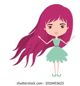 girly fairy without wings and magenta long hair in green dress on white background