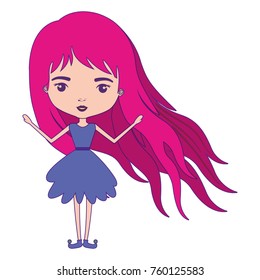 girly fairy without wings and magenta long hair in purple dress with purple contour