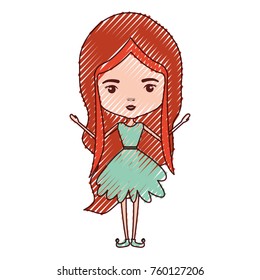 girly fairy without wings and redhead in green dress in colored crayon silhouette