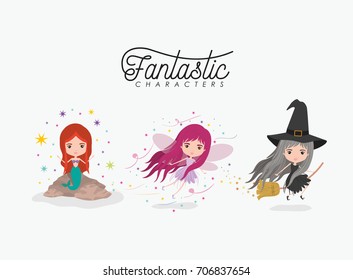 girly fantastic character set of mermaid fairy and witch on white background vector illustration