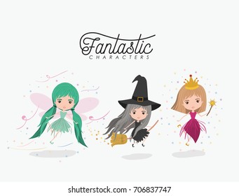 girly fantastic character set of princess fairy and witch on white background vector illustration