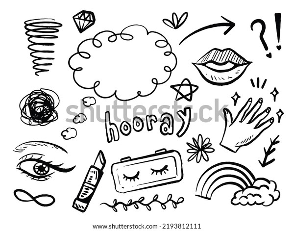 Girly feminine doodle art set collection\
with brush ink sharp texture black color on white background grunge\
vector illustrator icon art work\
drawing