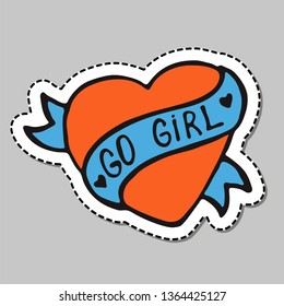 Girly feminist slogan with hand drawn lettering Go Girl. Female motivation symbol in cartoon comic style. Colorful pop art sticker. Print for poster, t-shirt, postcard or apparel design.