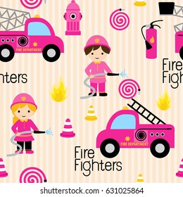 Girly firefighters cute pink seamless pattern with fire related icons specially for fabric patterns