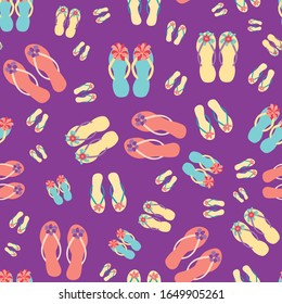Girly flip flop shoe seamless vector pattern background. Hand drawn pairs of pretty sandals decorated with tropical flowers. Hot summer illustration all over print for vacation resort concept.