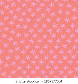 Girly Floral Print. Simple Pink and Red Abstract Starry Vector Pattern. Irregular Hand Drawn Pink Stars Isolated on a Red Background. Infantile Style Seamless Print. 