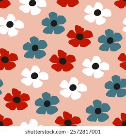Girly floral seamless pattern. Bright flowers for spring product design. Charming print for summer women's dress fabric, baby girls textile. Simple botanical wallpaper. Pink backdrop with red flowers.