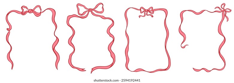 Girly frames of coquette pretty charming bows and ribbons. Hand drawn vintage bows frame for greeting cards, wedding and birthday party, invitations in cute elegant coquette style vector illustration 