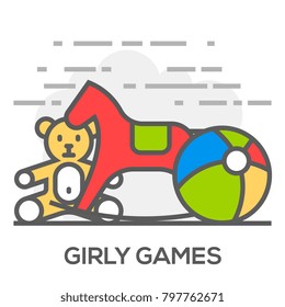 Girly Games Flat Line Concept Illustration.