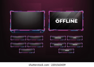 Girly gaming screen panel with pink and dark colors. Online streaming overlay decoration with abstract shapes. Live streaming overlay design with futuristic shapes and buttons. Broadcast overlay.