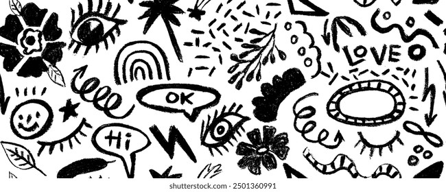 Girly geometric seamless pattern with various brush strokes and shapes, with rainbow, flowers, arrows and eyes   in childish style.   Graffiti punk style  seamless pattern.
