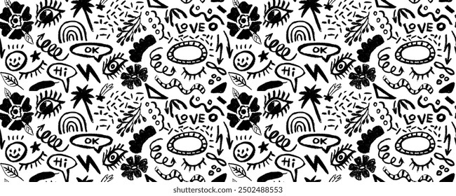 Girly geometric seamless pattern with various brush strokes and shapes, with rainbow, flowers, arrows and eyes   in childish style.  Hand drawn punk trendy background. 