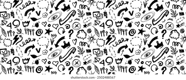 Girly geometric seamless pattern with various brush strokes and shapes, with stars, heart, flowers, arrows and eyes  in childish style.  Hand drawn punk trendy background. 