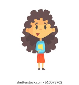 Girly Girl With Long Dark Hair Holding Books, Primary School Kid, Elementary Class Member, Isolated Young Student Character