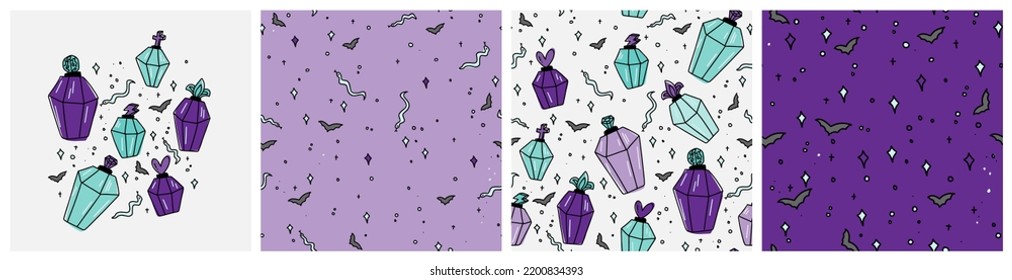 Girly gothic Halloween background and clipart set with potion bottle and snake graphic. Cartoon style seamless pattern in purple, lilac, mint and white feminine colors.